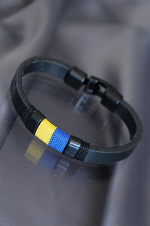 Yellow Navy Blue Colored Leather Bracelet 100318978