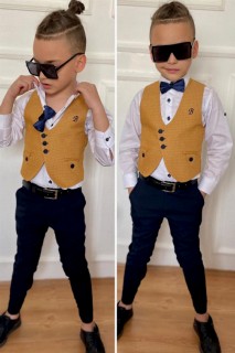 Boy's Letter Detailed Pocketed Bowtie Mustard Top and Bottom Set 100328546