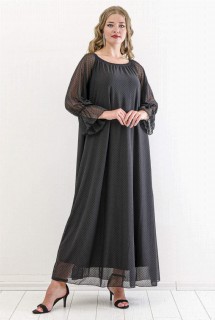 Plus Size - Plus Size Sleeve Tulle Full Polka Dot Detailed Long Evening Dress Black 100276328 - Turkey