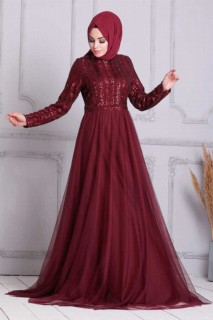Evening & Party Dresses - Claret Red Hijab Evening Dress 100334574 - Turkey