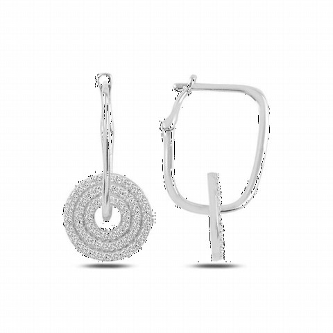 jewelry - Round Model Three Rows of Stone Silver Earrings 100347501 - Turkey