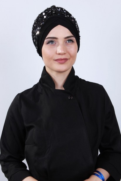 Double Side Bonnet - Bonnet Drapé Paillettes Noir Argent - Turkey