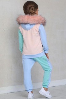 Girl's New Hoodie Fur And Kangaroo Pocket Blue Tracksuit Set 100328734