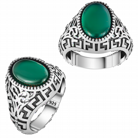 Greek Patterned Green Agate Stone Silver Ring 100350329