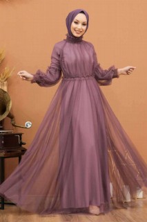 Woman Clothing - Dark Lila Hijab Evening Dress 100336516 - Turkey