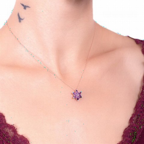 Necklaces - قلادة فضية موديل لوتس أرجوانية اللون 100347469 - Turkey