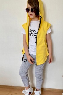 Boys Printed Zipper Detailed Hooded Vest Yellow Tracksuit Suit 100328595