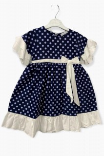 Girls - Girl Ruffle Detailed Waist Bow Polka Dot Short Sleeve Navy Blue Dress 100327243 - Turkey