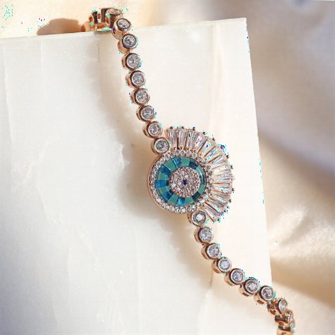Bracelet - Turquoise Stone Fan Evil Eye Silver Women's Bracelet Rose 100347387 - Turkey