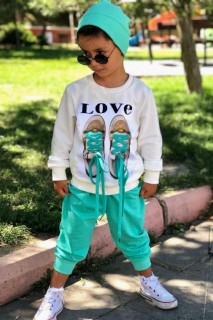 Boys Girls LOVE And Shoe Printed Rope Detailed Turquoise Tracksuit 100328634