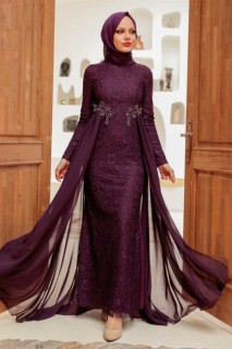 Evening & Party Dresses - Plum Color Hijab Evening Dress 100339395 - Turkey