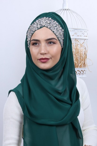 Woman Hijab & Scarf - Stone Design Bonnet Shawl Emerald Green 100282976 - Turkey