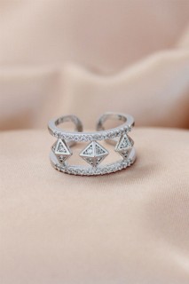 jewelry - Silver Metal Mini Square Patterned Zircon Stone Multi View Adjustable Ring 100319397 - Turkey