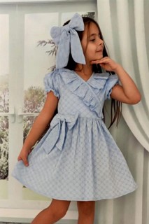 Girls - Girl's V Neck Ruffled Lace Embroidered Skirt and Fluffy Tulle Blue Dress 100327369 - Turkey