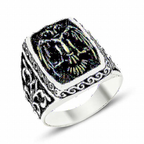 Animal Rings - Ottoman Patterned Double Headed Eagle Symbol Silver Men's Ring 100348589 - Turkey