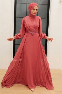 Woman Clothing - Dark Salmon Pink Hijab Evening Dress 100340334 - Turkey