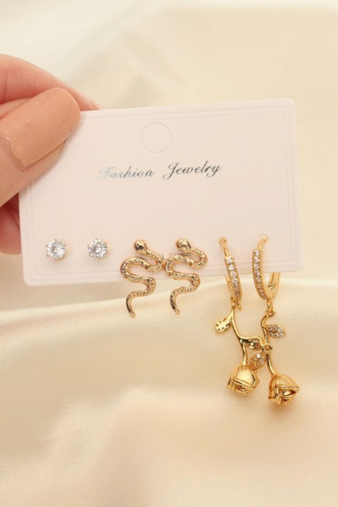 Earrings - Steel Zircon Stone Snake and Rose Detail Earring Set 100319741 - Turkey