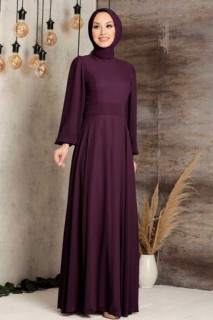 Plum Color Hijab Evening Dress 100338934