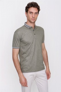 Top Wear - Men's Khaki Printed Dynamic Fit Comfortable Cut Buttoned Collar Short Sleeve Striped T-Shirt 100350821 - Turkey
