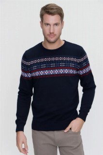 Men's Navy Blue Crew Neck Cotton Jacquard Knitwear Sweater 100345126