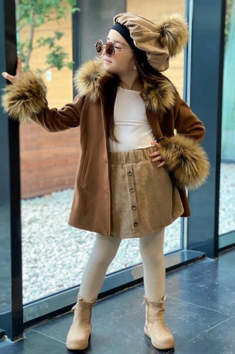 Girl's Velvet Skirt Collar Shearling Faux Fur Coat Beret Brown Skirted Suit 100351615