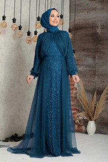 Wedding & Evening - Petrol Green Hijab Evening Dress 100335956 - Turkey