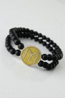 Yellow Colored Metal Tumbled Silver KayÄ± Length Figured Black Color Double Row Natural Stone Men's Bracelet 100318443