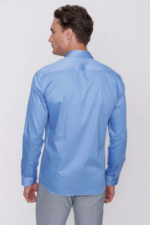 Men's Blue Compact Slim Fit Slim Fit Plain 100% Cotton Satin Shirt 100350885