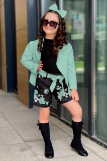 Outwear - Boys Green Blazer Jacket and Double Pocket Floral Printed Shorts Suit 100327499 - Turkey