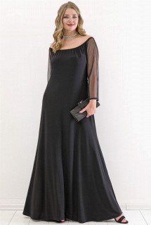 Plus Size - Plus Size Sleeve Chiffon Open Shoulder Evening Dress Black 100276337 - Turkey