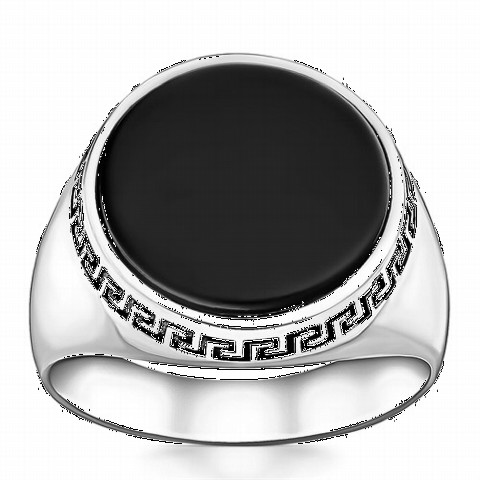 Round Plain Black Onyx Stone Simple Sterling Silver Ring 100346459
