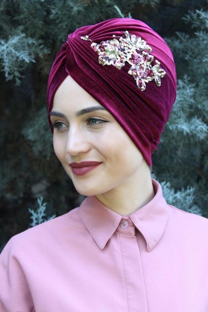 Woman Bonnet & Turban - Velvet Sequined Vera Bonnet Claret Red 100285070 - Turkey