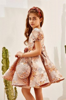 Girl Balloon Sleeve Silvery Floral Embroidered And Bag Salmon Evening Dress 100327800