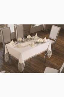 French Guipure Jasmine Table Cloth Set 18 Pieces Ecru Gold 100259630