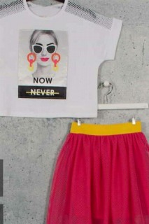Outwear - بدلة بناتي جديدة أصلية شبكية وتنورة وردية مطبوعة 100328231 - Turkey